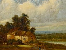 19th.C. ENGLISH SCHOOL A RURAL RIVER LANDSCAPE, OIL ON CANVAS. 26 x 31cms.