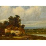 19th.C. ENGLISH SCHOOL A RURAL RIVER LANDSCAPE, OIL ON CANVAS. 26 x 31cms.