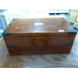 AN EARLY 19th.C.MAHOGANY WRITING BOX WITH INSET BRASS CORNERS, RECESSED HANDLES AND NAME PLAQUE