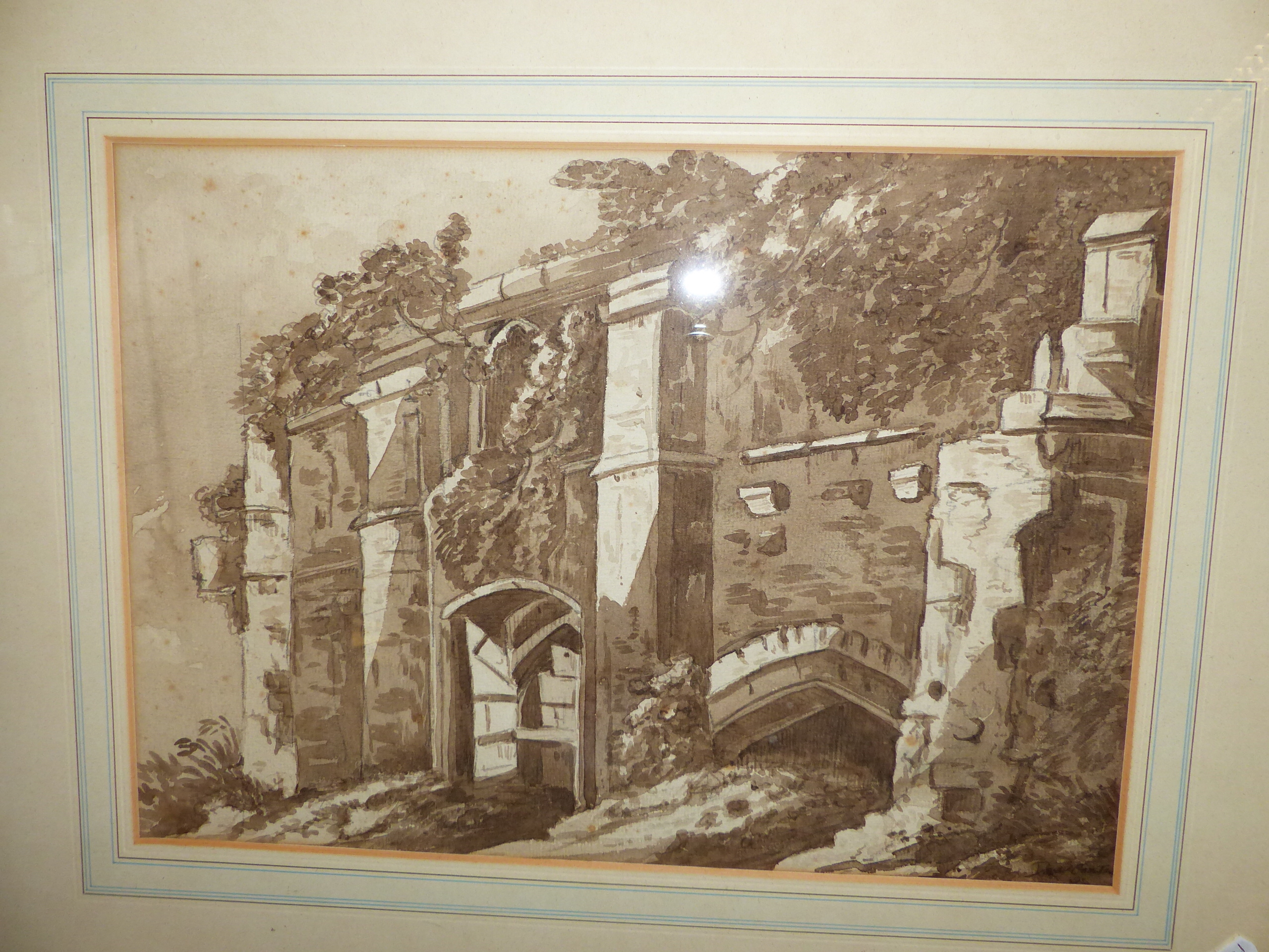 19th.C. ENGLISH SCHOOL ABBEY RUINS SIGNED INDISTINCTLY, WASH DRAWING. 33 x 46.5cms.