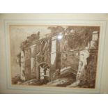 19th.C. ENGLISH SCHOOL ABBEY RUINS SIGNED INDISTINCTLY, WASH DRAWING. 33 x 46.5cms.