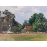 JOHN ALDRIDGE ( 1905-1983 ) A SUFFOLK VIEW, OIL ON BOARD. 28 x 40cms AND THE MILL WHEEL BY H. GARTON
