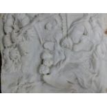 AN ANTIQUE CARVED WHITE MARBLE PANEL OF ANGELS AND VARIOUS FIGURES IN THE NEOCLASSICAL TASTE. 44 x