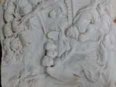 AN ANTIQUE CARVED WHITE MARBLE PANEL OF ANGELS AND VARIOUS FIGURES IN THE NEOCLASSICAL TASTE. 44 x