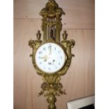 A 19th.C.FRENCH ORMOLU CARTEL WALL CLOCK WITH 15cms WHITE ENAMEL DIAL AND STRIKING MOVEMENT.