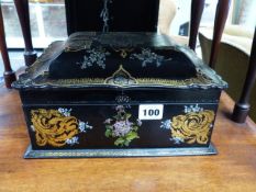 A VICTORIAN PAPIER MACHE AND MOTHER OF PEARL INSET DOME TOP WORK BOX. W.27cms.