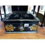 A VICTORIAN PAPIER MACHE AND MOTHER OF PEARL INSET DOME TOP WORK BOX. W.27cms.