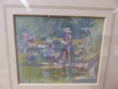 JOHN MARTIN 1957- (ARR) BELLA BY THE POND, INITIALLED WATERCOLOUR WITH GALLERY LABEL VERSO. 11 x