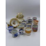 FIVE BLUE AND WHITE COFFEE CANS, SEVEN OTHERS, FIVE VICTORIAN TEA CUPS AND SAUCERS, SOME WITH