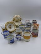 FIVE BLUE AND WHITE COFFEE CANS, SEVEN OTHERS, FIVE VICTORIAN TEA CUPS AND SAUCERS, SOME WITH