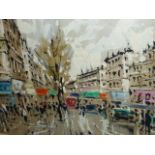 20th.C.CONTINENTAL SCHOOL, A PARIS STREET SCENE SIGNED INDISTINCTLY, OIL ON CANVAS. 30 x 40cms.