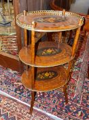 AN ANTIQUE FRENCH THREE TIER ETARGE WITH FLORAL INLAID DECORATION TOGETHER WITH A SMALLER TWO TIER