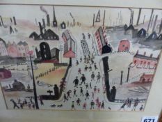 CIRCLE OF LOWRY 20th.C. (ARR) AN INDUSTRIAL TOWNSCAPE WATERCOLOUR. 17.5 x 25cms.