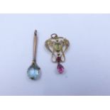 AN ART NOUVEAU STYLE MULTI GEM PENDANT STAMPED 9ct, TOGETHER WITH A FURTHER 9ct STAMPED PENDANT.