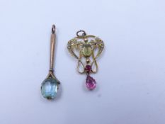 AN ART NOUVEAU STYLE MULTI GEM PENDANT STAMPED 9ct, TOGETHER WITH A FURTHER 9ct STAMPED PENDANT.