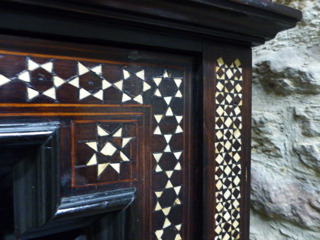 A COLONIAL MOORISH STYLE HARDWOOD AND INLAID GLAZED DISPLAY VITRINE CABINET. W.112 x H.175cms. - Image 30 of 48