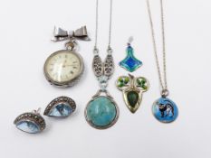 TWO ART NOUVEAU ENAMELLED AND ONE OTHER PENDANT TOGETHER WITH A 935 SILVER SWISS FOB WATCH, A