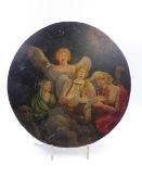 19th.C. SCHOOL A HEAVENLY CHORUS, OIL ON A CIRCULAR PANEL. D. 28.5cms. UNFRAMED