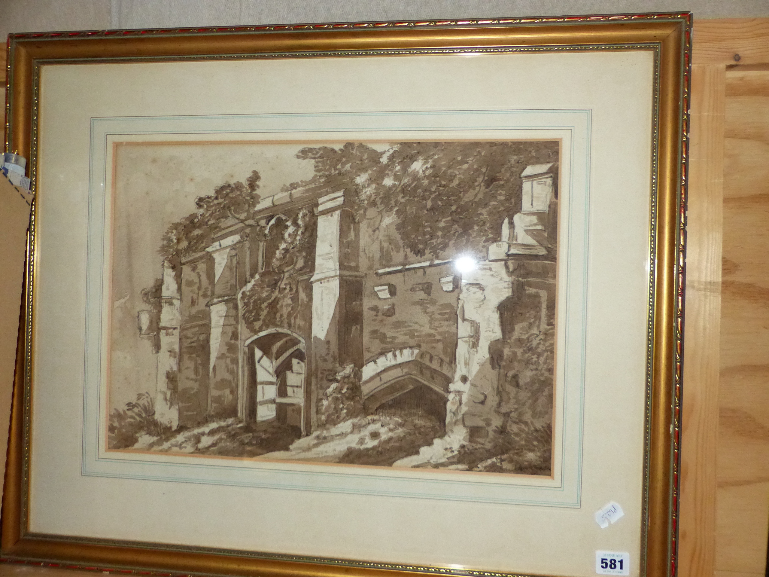 19th.C. ENGLISH SCHOOL ABBEY RUINS SIGNED INDISTINCTLY, WASH DRAWING. 33 x 46.5cms. - Image 4 of 6