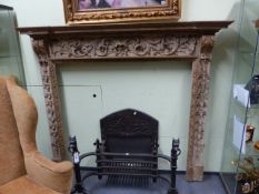 A 19th.C.CARVED PINE FIRE SURROUND, THE MANTLE W.170 x H.146cms.