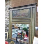 A LARGE ANTIQUE FRENCH TRUMEAU MIRROR WITH PAINTED FRAME AND OIL ON CANVAS SCENE. W.114 x H.139cms.