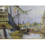 HOHENLEITER (EARLY 20th.C.) AN 18th.C. PORT SCENE SIGNED WATERCOLOUR. 21 x 29cms
