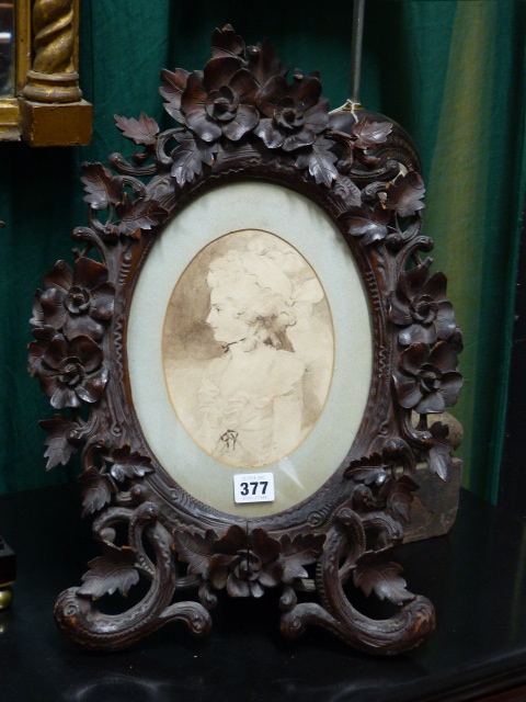 A 19th.C.CARVED BLACK FOREST TYPE EASEL BACK FRAME CONTAINING A WATERCOLOUR PORTRAIT OF A YOUNG - Image 5 of 15