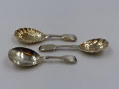 ONE HALLMARKED SILVER CADDY SPOON DATED 1866 LONDON TOGETHER WITH A FURTHER TWO WHITE METAL CADDY