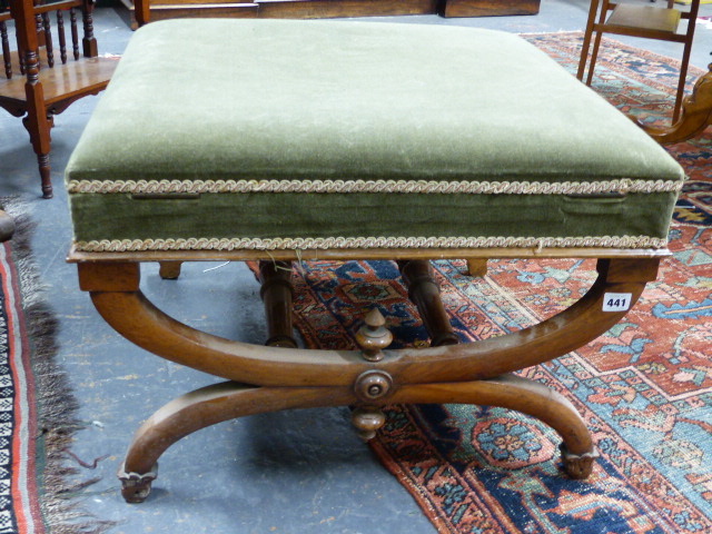 A VICTORIAN WALNUT X FRAME STOOL. W.63 x L.60cms.