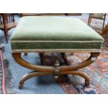 A VICTORIAN WALNUT X FRAME STOOL. W.63 x L.60cms.