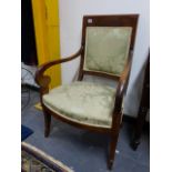 A PAIR OF FRENCH EMPIRE STYLE MAHOGANY SHOW FRAME OPEN ARMCHAIRS.