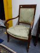 A PAIR OF FRENCH EMPIRE STYLE MAHOGANY SHOW FRAME OPEN ARMCHAIRS.