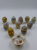 TEN HALCYON DAYS ENAMELLED EGGS, A SMALL DERBY PORCELAIN HEXAGONAL MINIATURE BOWL. 8cms.