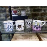 FOUR WEDGWOOD COMMEMORATIVE TANKARDS AND TWO OTHERS TO INCLUDE THE ERIC RAVILIOUS 1953 DESIGN