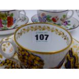 A 19th.C. NEWHALL COFFEE CAN AND SAUCER PAINTED WITH A CHINOISERIE LANDSCAPE, A NEWHALL TEACUP AND