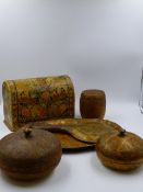 A GROUP OF ANTIQUE KASHMIRI DECORATED PAPIER MACHE BOXES AND DRESSING TABLE ITEMS, SOME LABELLED