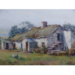 LINNIE WATT (1875-1908) A RUSTIC THATCHED COTTAGE. SIGNED WATERCOLOUR. 25 x 35cms.