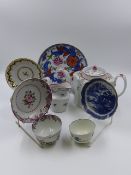 A NEWHALL TEAPOT AND COVER. WITH MATCHING CREAM JUG, THREE TEA BOWLS AND SAUCERS AND A PLATE