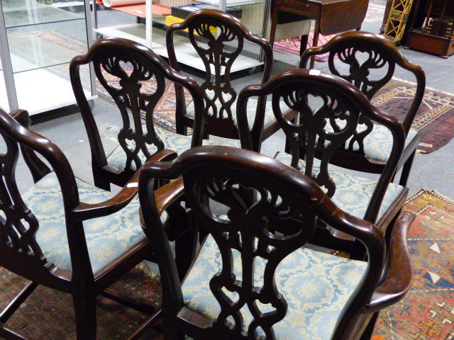 A SET OF SIX ANTIQUE GEO.III.STYLE MAHOGANY ARMCHAIRS WITH CURVED SEATS AND CARVED PIERCED BACKS. - Image 10 of 21