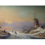 DUTCH SCHOOL SKATERS IN A WINTER LANDSCAPE, SIGNED INDISTINCTLY OIL ON PANEL. 31 x 41cms.