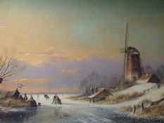 DUTCH SCHOOL SKATERS IN A WINTER LANDSCAPE, SIGNED INDISTINCTLY OIL ON PANEL. 31 x 41cms.