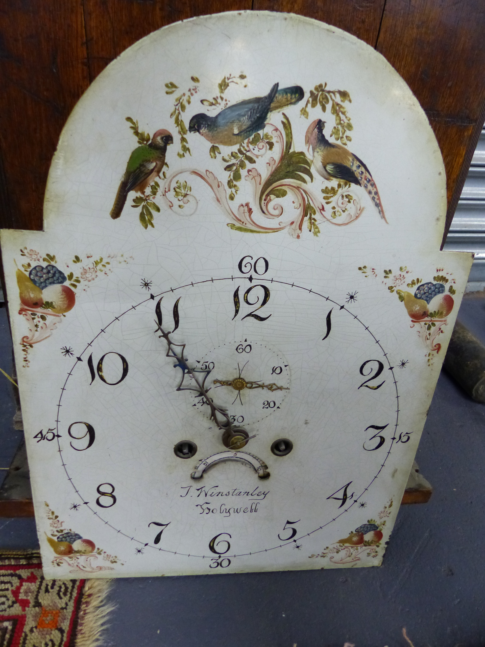 A LATE GEORGIAN OAK CASED LONG CASE CLOCK WITH 8-DAY BELL STRIKE MOVEMENT AND 33cms ARCH TOP PAINTED - Image 4 of 17