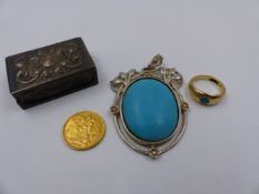 AN 1874 VICTORIAN FULL SOVEREIGN GOLD COIN, TOGETHER WITH A 925 STAMPED LARGE TURQUOISE PENDANT, A