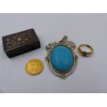 AN 1874 VICTORIAN FULL SOVEREIGN GOLD COIN, TOGETHER WITH A 925 STAMPED LARGE TURQUOISE PENDANT, A