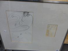 20th.C.SCHOOL TWO PENCIL DRAWINGS OF ABSTRACT SUBJECTS FRAMED AS ONE.