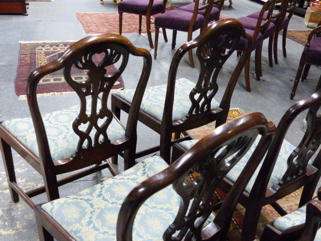 A SET OF SIX ANTIQUE GEO.III.STYLE MAHOGANY ARMCHAIRS WITH CURVED SEATS AND CARVED PIERCED BACKS. - Image 13 of 21