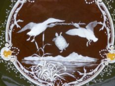 A PAIR OF c. 1900'S MINTON PATE SUR PATE SHALLOW DISHES DECORATED WITH MICE, GEESE AND A