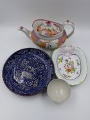 A NEWHALL TEAPOT AND COVER PATTERN NO. 621, A LEAF SHAPED DISH AND A BLUE AND WHITE STAFFORDSHIRE