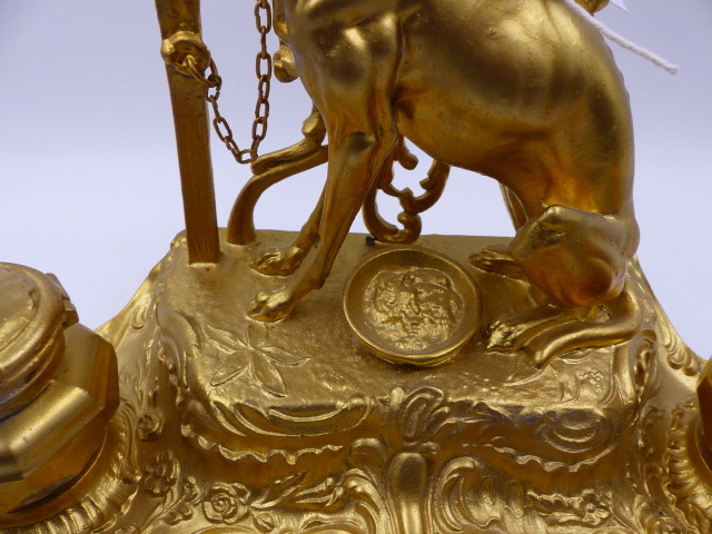 A VICTORIAN STYLE SPELTER AND GILT DECORATED DESK STAND SURMOUNTED WITH A FIGURE OF A SPORTING DOG. - Image 2 of 10