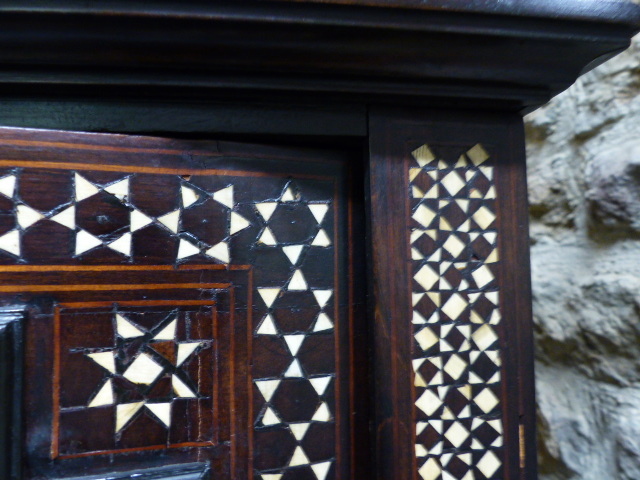 A COLONIAL MOORISH STYLE HARDWOOD AND INLAID GLAZED DISPLAY VITRINE CABINET. W.112 x H.175cms. - Image 7 of 48